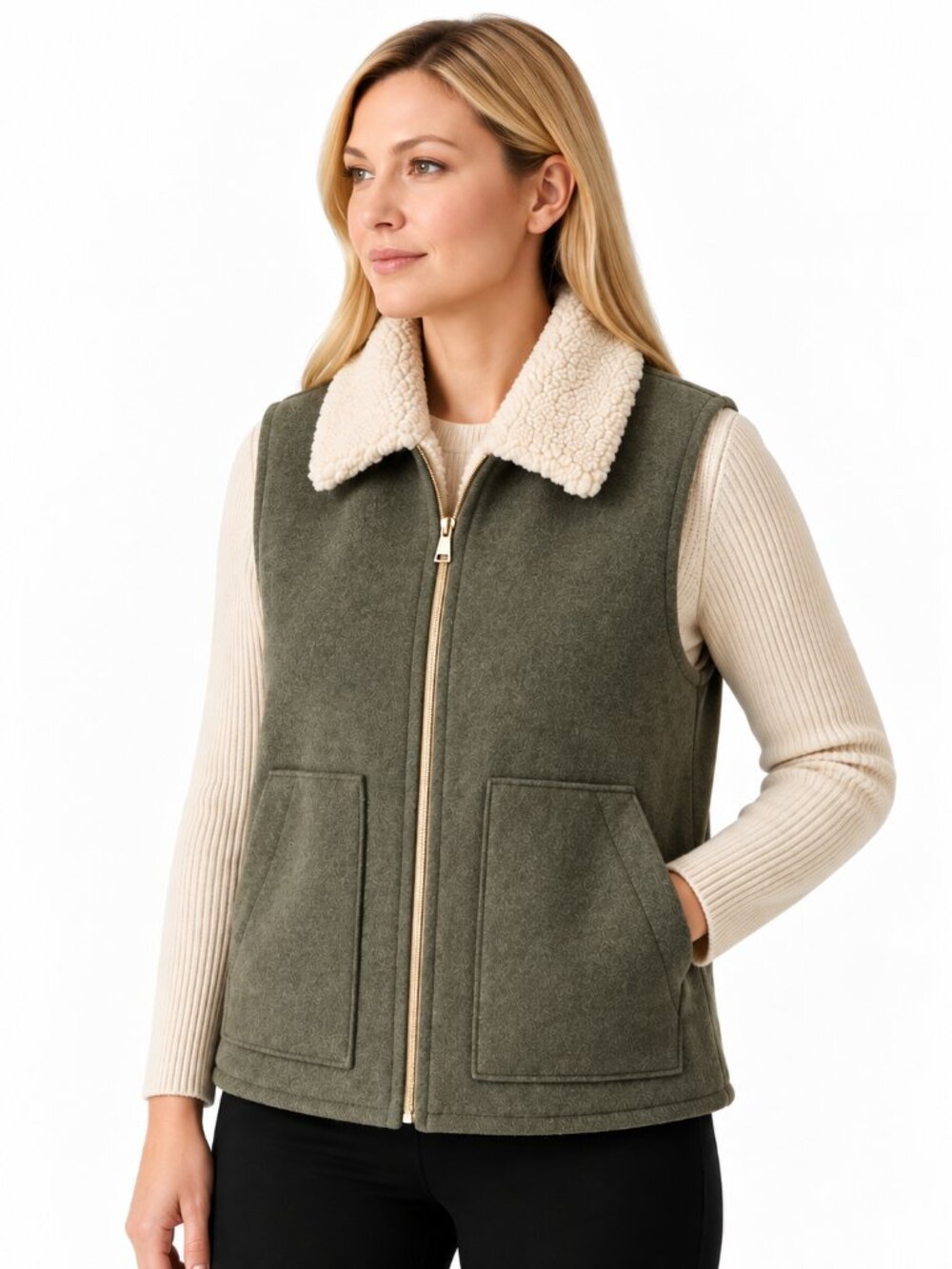 Sanctuary Women's Green Vest Cream Faux Shearling Collar Large NWT